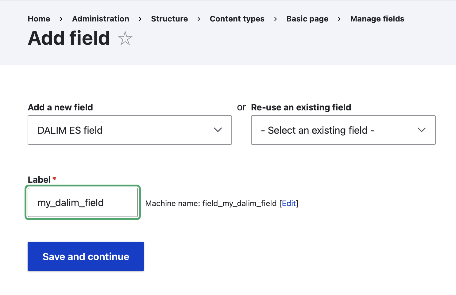 Add field screen in the DALIM ES CMS Connector configuration
